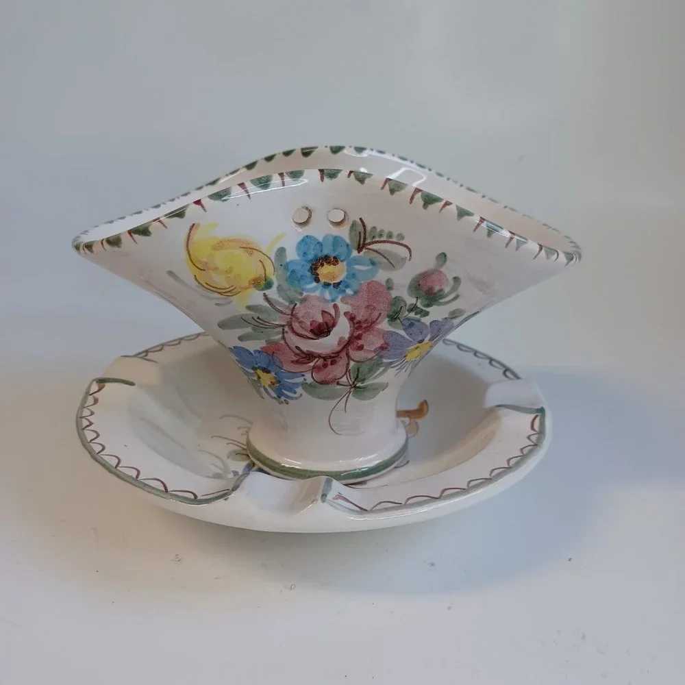 Vintage Ulmer Keramik Basket and Dish Hand Painted Floral Pottery Missing Handle